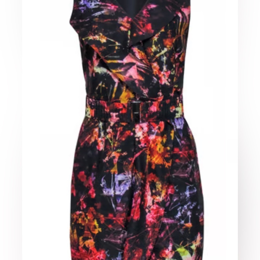 Karen Millen - Black & Multicolor Abstract Floral Print Sheath Dress Sz 8